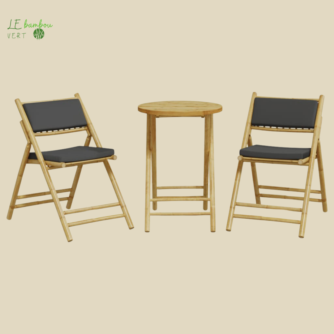 Ensemble table et chaise extérieur en bambou pliant 3 pcs